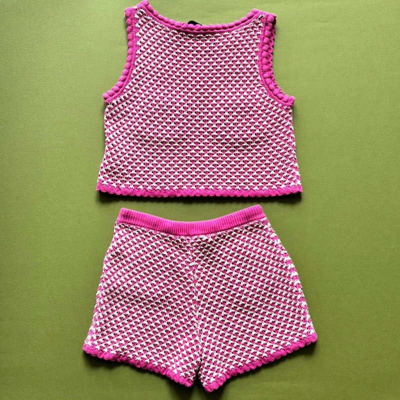 42號 ::Versace:: Crochet Knit Top 凡賽斯 粉白色鉤織針織背心 短褲 套裝-3