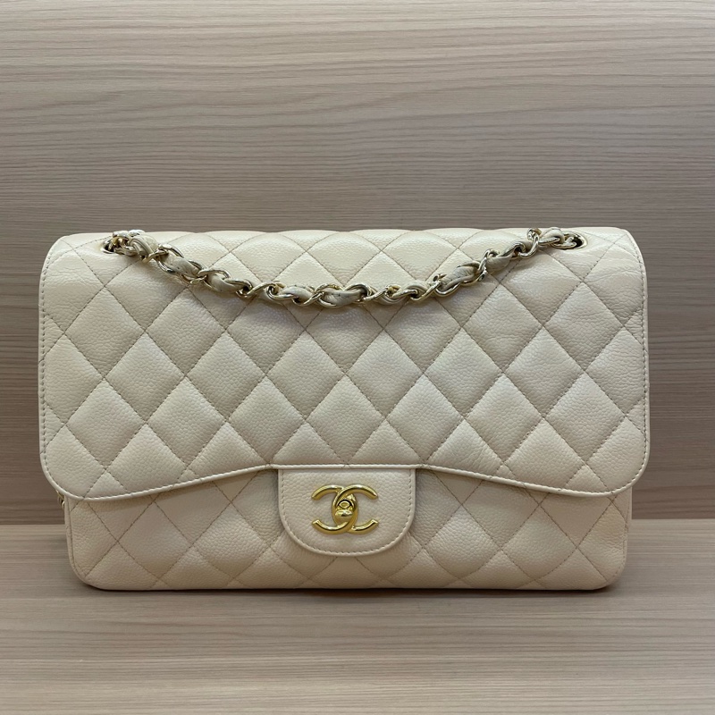 Chanel 香奈兒cf 米色荔枝牛皮鏈條包 大號 21開 尺寸底長30*高19*寬9* 無附件-0