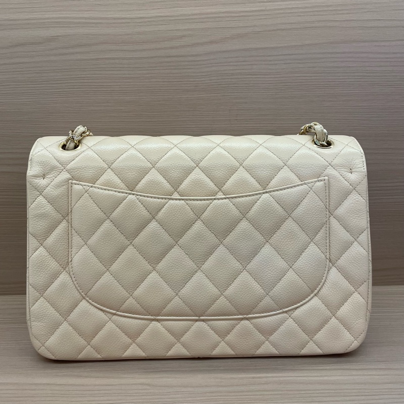 Chanel 香奈兒cf 米色荔枝牛皮鏈條包 大號 21開 尺寸底長30*高19*寬9* 無附件-1