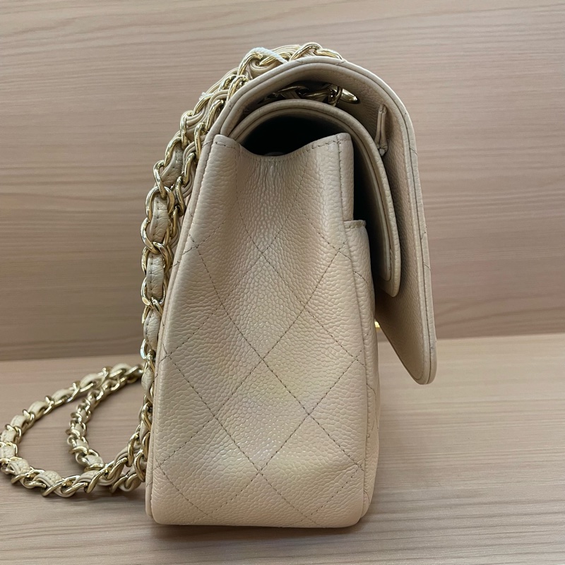 Chanel 香奈兒cf 米色荔枝牛皮鏈條包 大號 21開 尺寸底長30*高19*寬9* 無附件-3