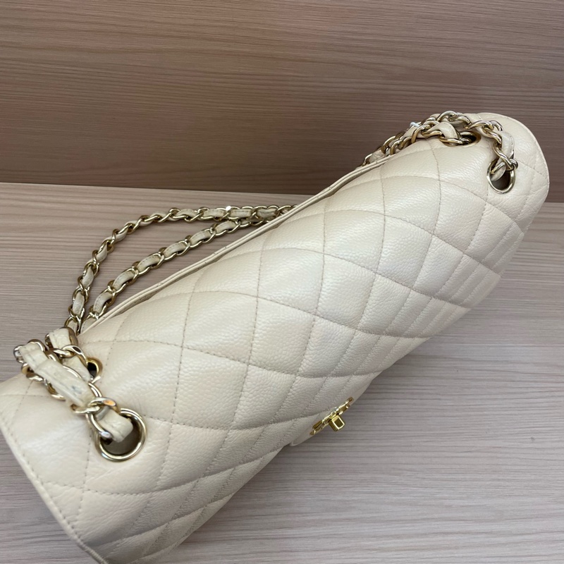 Chanel 香奈兒cf 米色荔枝牛皮鏈條包 大號 21開 尺寸底長30*高19*寬9* 無附件-4