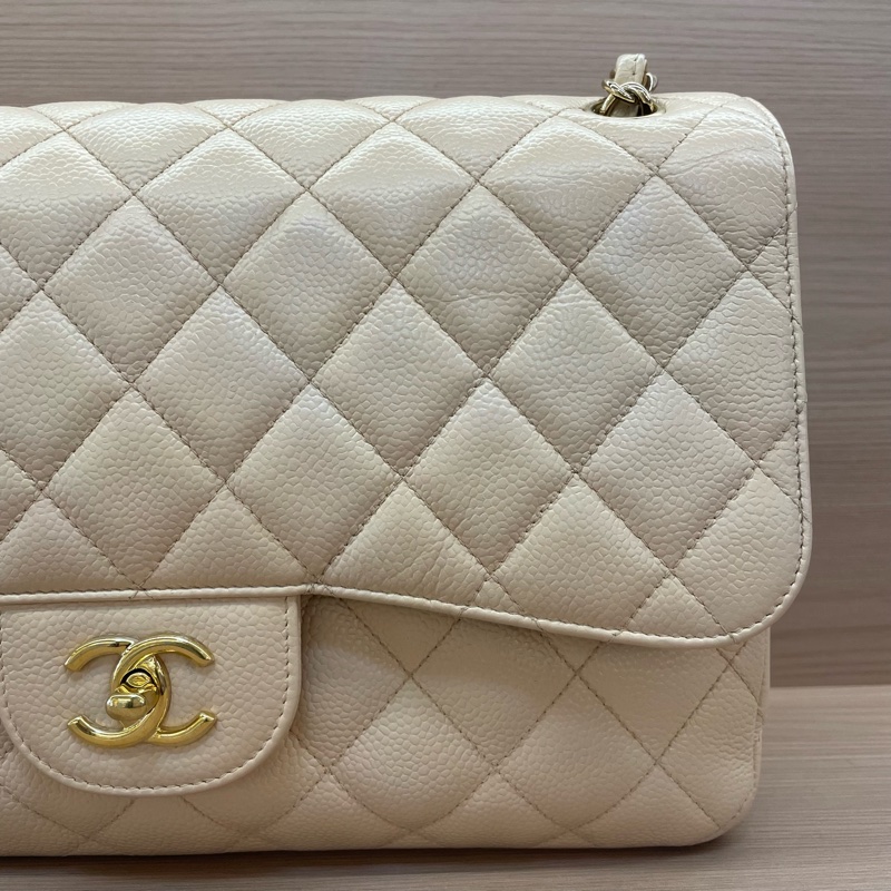 Chanel 香奈兒cf 米色荔枝牛皮鏈條包 大號 21開 尺寸底長30*高19*寬9* 無附件-7