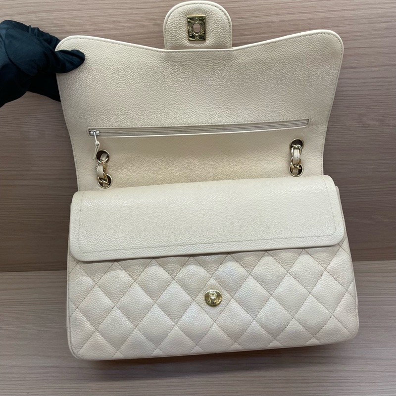 Chanel 香奈兒cf 米色荔枝牛皮鏈條包 大號 21開 尺寸底長30*高19*寬9* 無附件-11