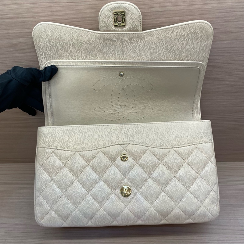 Chanel 香奈兒cf 米色荔枝牛皮鏈條包 大號 21開 尺寸底長30*高19*寬9* 無附件-12