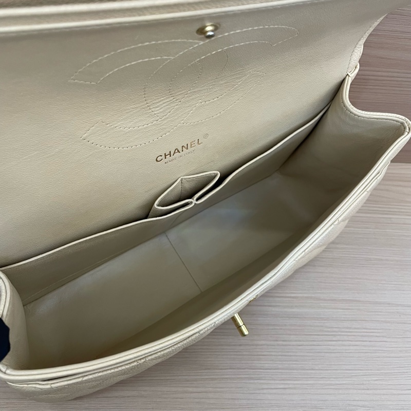 Chanel 香奈兒cf 米色荔枝牛皮鏈條包 大號 21開 尺寸底長30*高19*寬9* 無附件-13