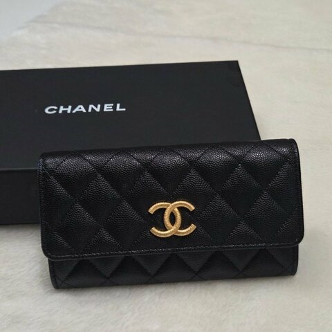 CHANEL香奈兒大C logo黑金荔枝皮中夾
