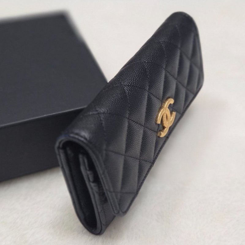 CHANEL香奈兒大C logo黑金荔枝皮中夾-1