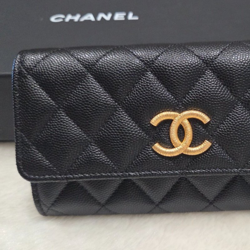 CHANEL香奈兒大C logo黑金荔枝皮中夾-2