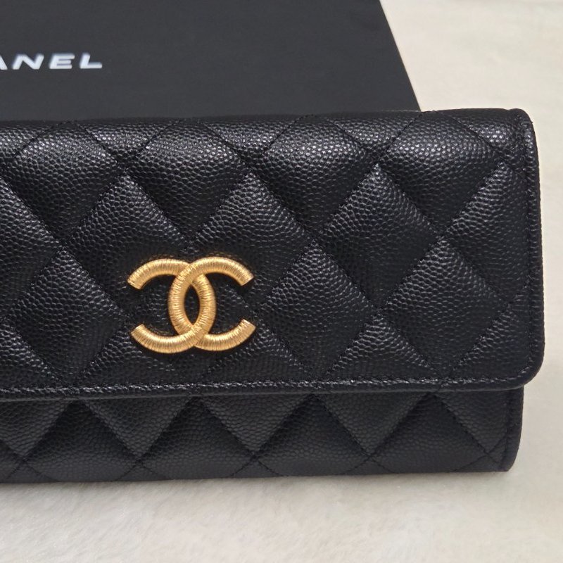 CHANEL香奈兒大C logo黑金荔枝皮中夾-3