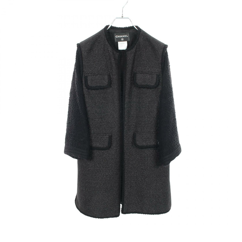 香奈兒 COCO 標誌紐扣，撞色斜紋軟呢，無領。其他外套 P44723W05198 尼龍腈綸 黑色 二手 女款-0