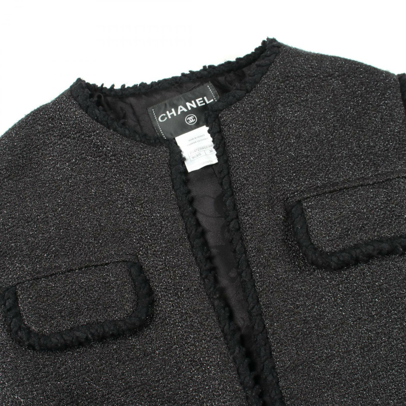 香奈兒 COCO 標誌紐扣，撞色斜紋軟呢，無領。其他外套 P44723W05198 尼龍腈綸 黑色 二手 女款-7