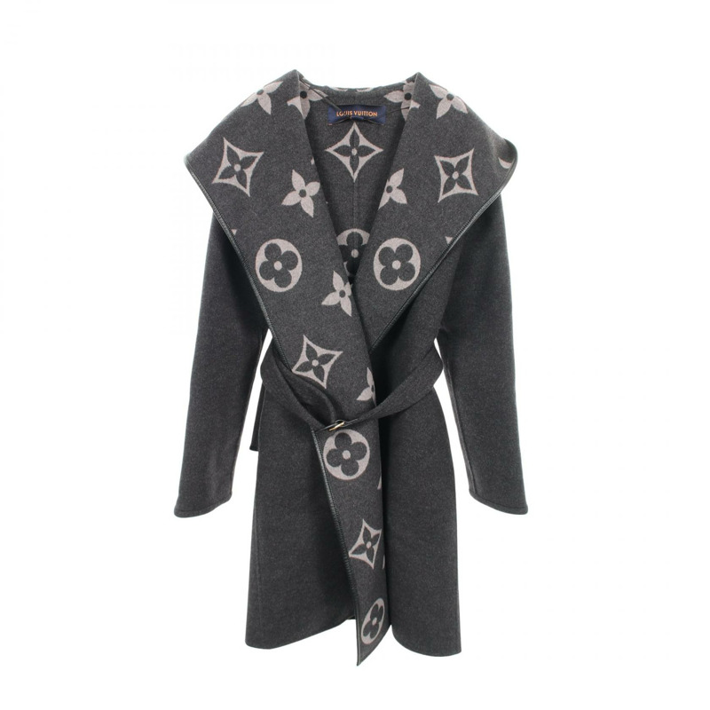 路易威登 (LOUIS VUITTON) 連帽裹身大衣，巨型Monogram圖案，其他款式，FJC022NUV，羊毛材質，灰色，二手女款-0