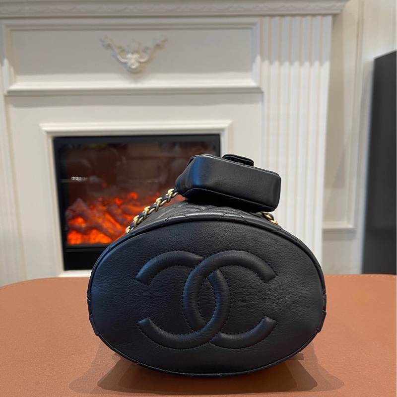 99新✨CHANEL 香奈兒 23A 小號黑色 金扣菱格紋皮穿鏈鏈條 小牛皮 子母背包雙肩包-2