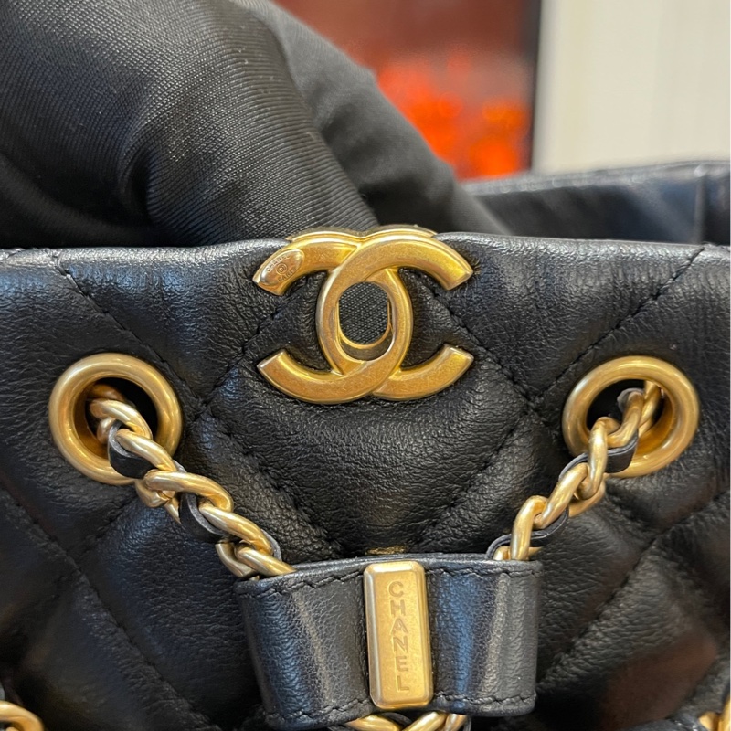 99新✨CHANEL 香奈兒 23A 小號黑色 金扣菱格紋皮穿鏈鏈條 小牛皮 子母背包雙肩包-4