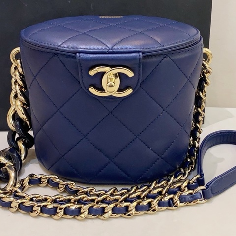 Chanel香奈兒 Vanity case 藍色 水桶包化妝盒鏈條包 29開保卡
