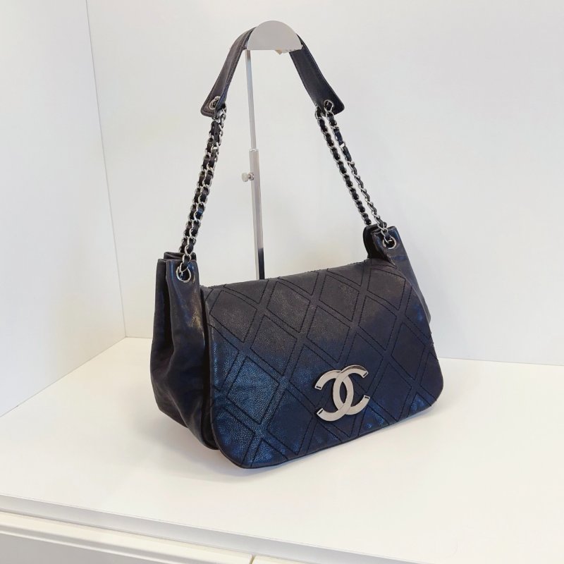 香奈兒/Chanel 黑銀翻蓋Hobo大元寶 牛角腋下包 大菱格牛皮-2