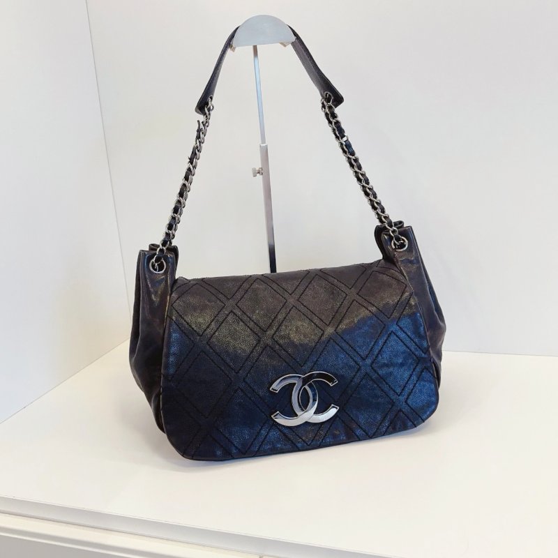 香奈兒/Chanel 黑銀翻蓋Hobo大元寶 牛角腋下包 大菱格牛皮-5