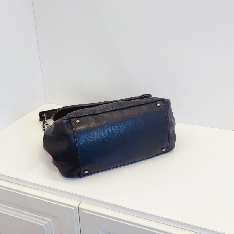 香奈兒/Chanel 黑銀翻蓋Hobo大元寶 牛角腋下包 大菱格牛皮-8