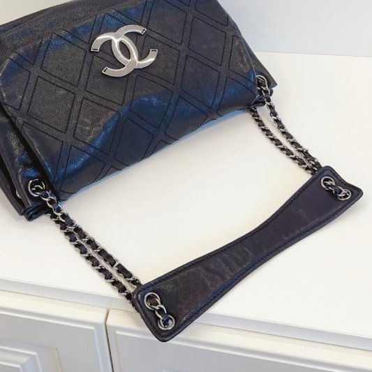 香奈兒/Chanel 黑銀翻蓋Hobo大元寶 牛角腋下包 大菱格牛皮-10