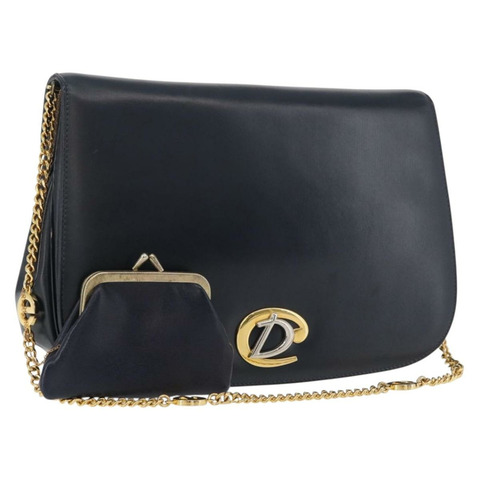 Christian Dior 鏈條肩背包 皮革 海軍藍 金色 正品 am11468A