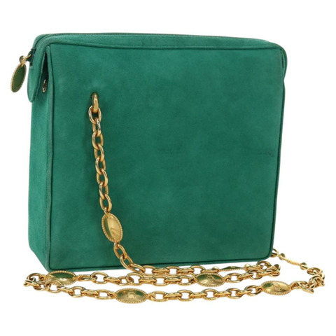 Christian Dior 鏈條肩背包 絨面革 綠色 金色 正品 BA12278V