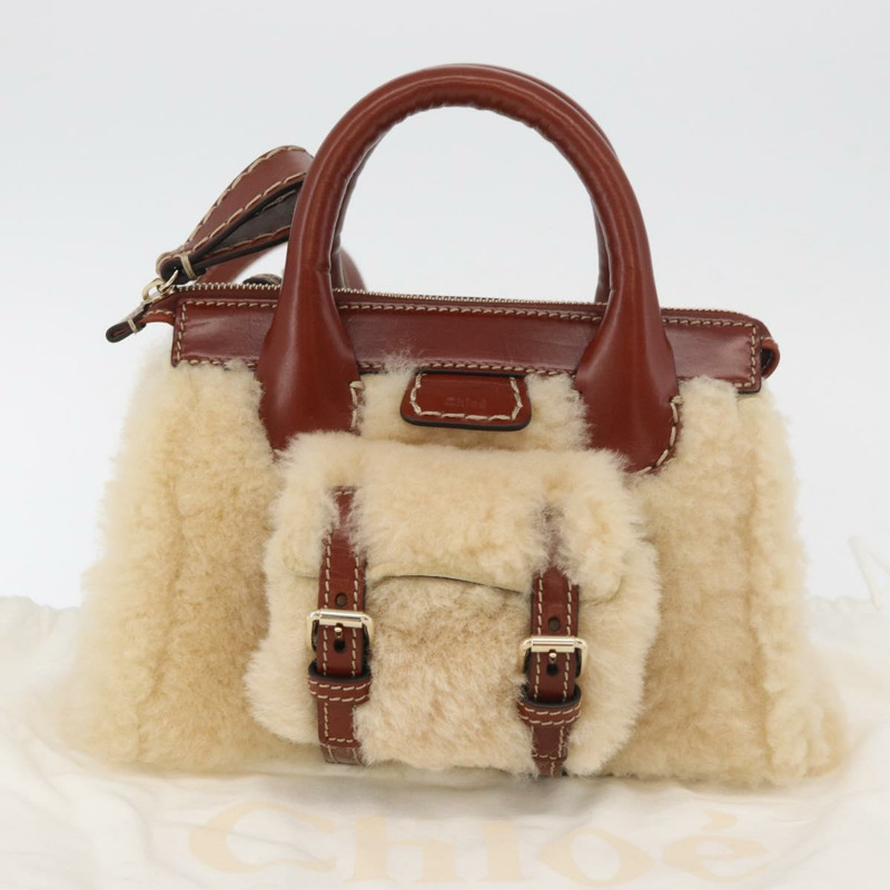 【日本直送】Chloe Edith 手提包，毛絨兩用款，米色金色，正品 176971A-11