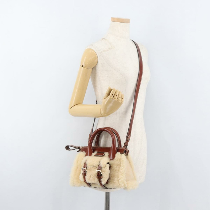 【日本直送】Chloe Edith 手提包，毛絨兩用款，米色金色，正品 176971A-24