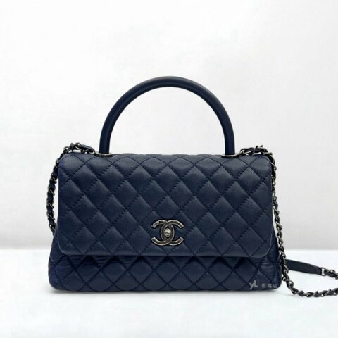 S5162-Chanel 深藍色荔枝皮復古銀釦coco handle28