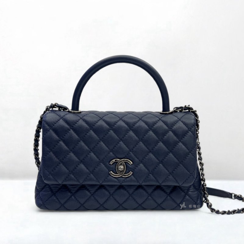 S5162-Chanel 深藍色荔枝皮復古銀釦coco handle28-0