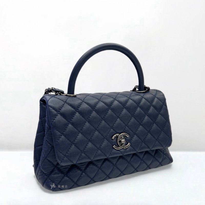 S5162-Chanel 深藍色荔枝皮復古銀釦coco handle28-1