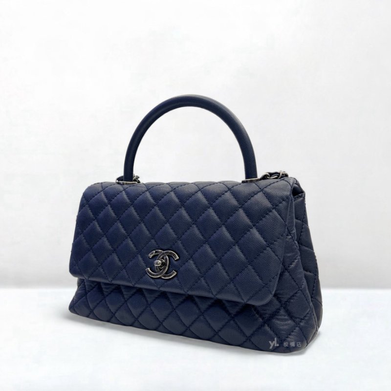 S5162-Chanel 深藍色荔枝皮復古銀釦coco handle28-2