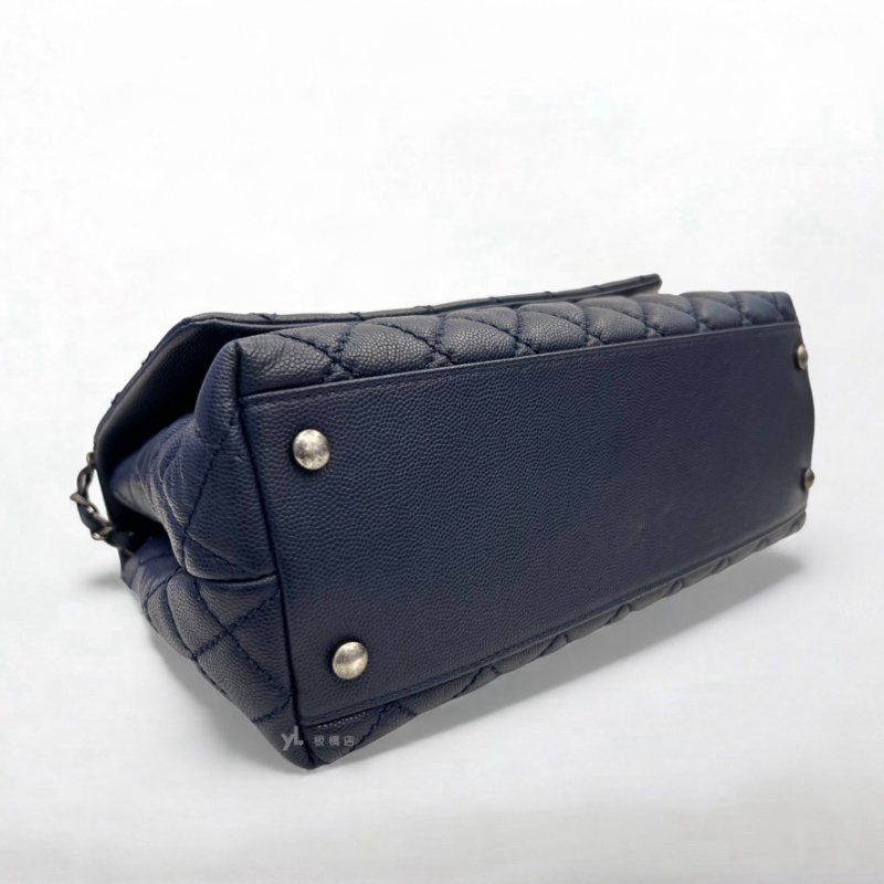 S5162-Chanel 深藍色荔枝皮復古銀釦coco handle28-5