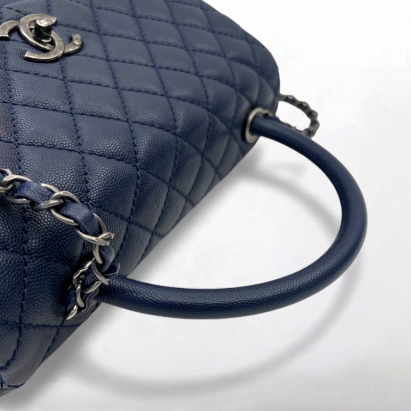S5162-Chanel 深藍色荔枝皮復古銀釦coco handle28-8