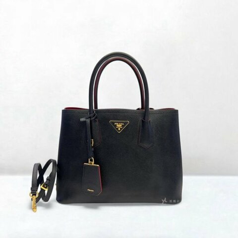 S5164-Prada Saffiano黑牛皮雙層內裡紅色中號托特包