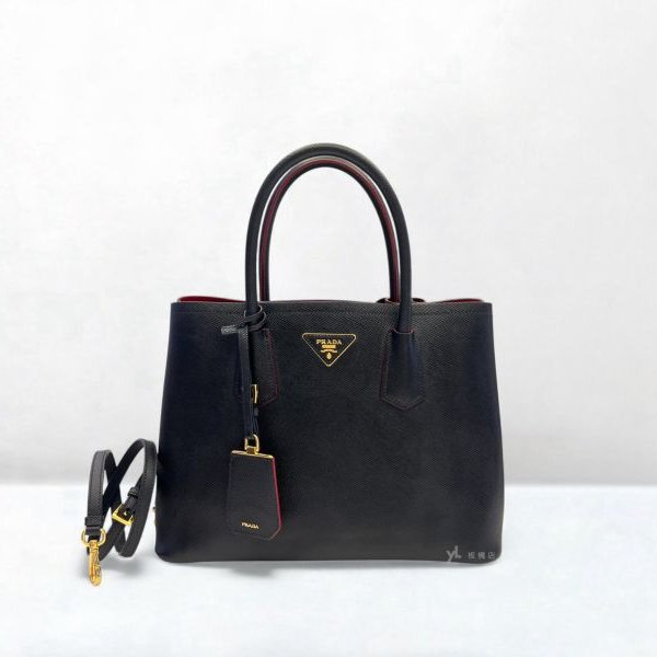 S5164-Prada Saffiano黑牛皮雙層內裡紅色中號托特包-0