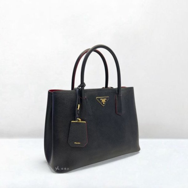 S5164-Prada Saffiano黑牛皮雙層內裡紅色中號托特包-1