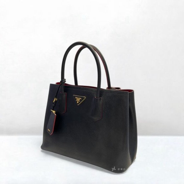 S5164-Prada Saffiano黑牛皮雙層內裡紅色中號托特包-2