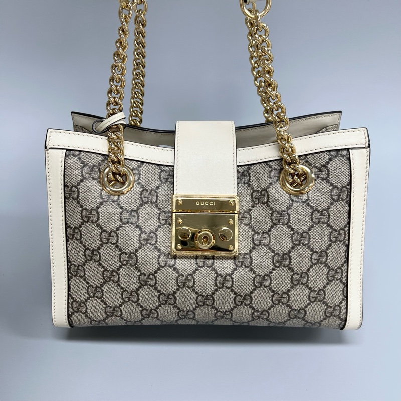 Gucci/古馳 白色拼老花小號padlock單肩包 尺寸：26*17-6