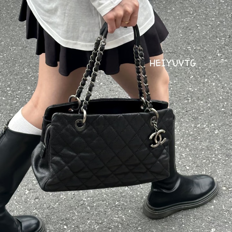 #99新 #荔枝皮 #全配🈶購證 香奈兒黑銀tote托特包🉑肩背-2