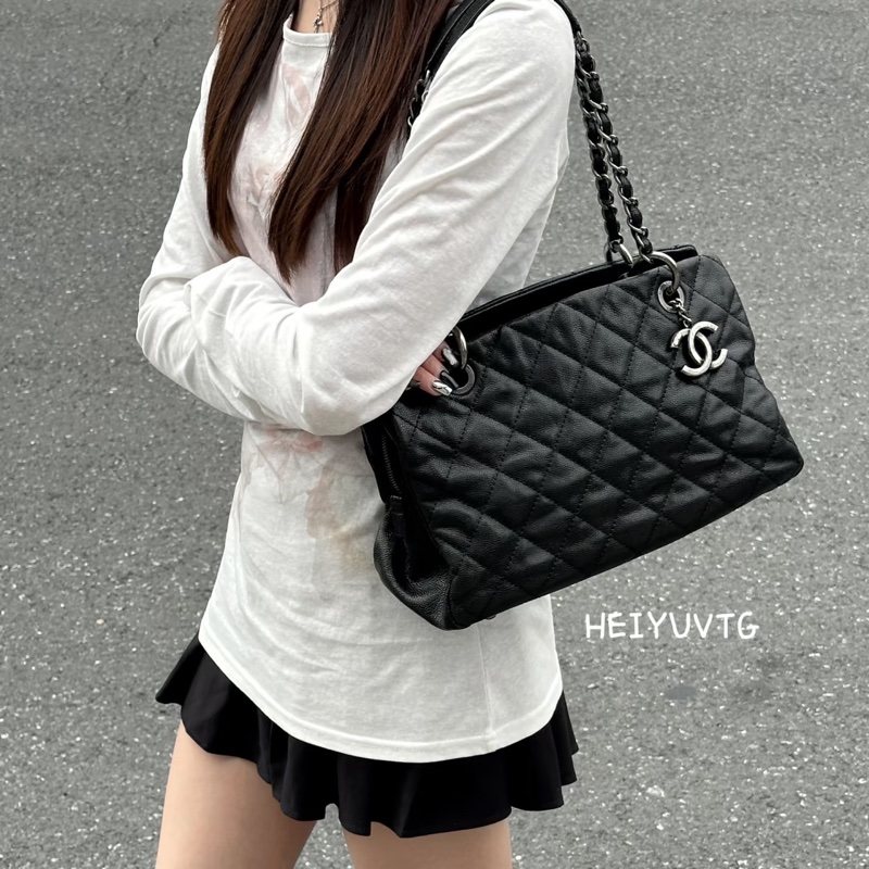 #99新 #荔枝皮 #全配🈶購證 香奈兒黑銀tote托特包🉑肩背-3