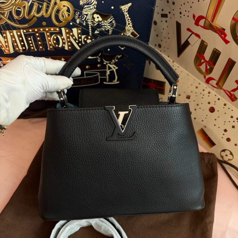 閒置新 路易威登/Louis Vuitton 黑銀牛皮CAPUCINES BB 手提包-5