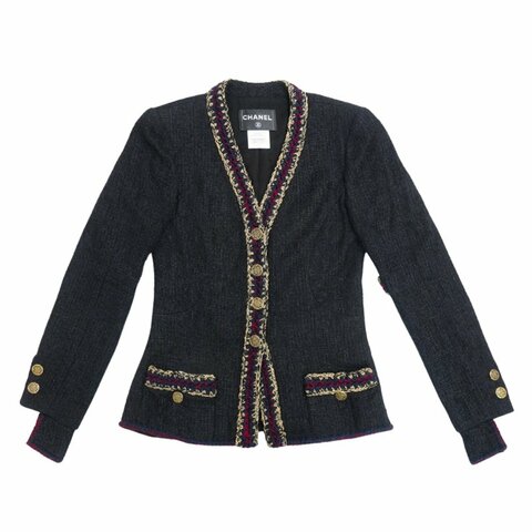 Chanel 展示品 藍紅金鑲邊復古V領金釦外套#38(黑)