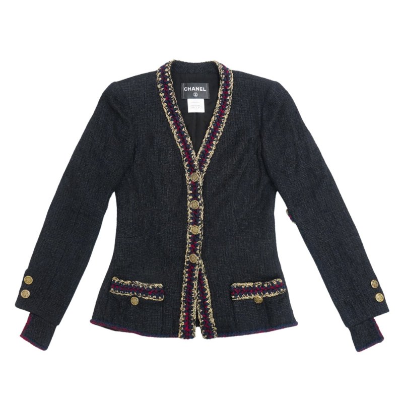 Chanel 展示品 藍紅金鑲邊復古V領金釦外套#38(黑)-0