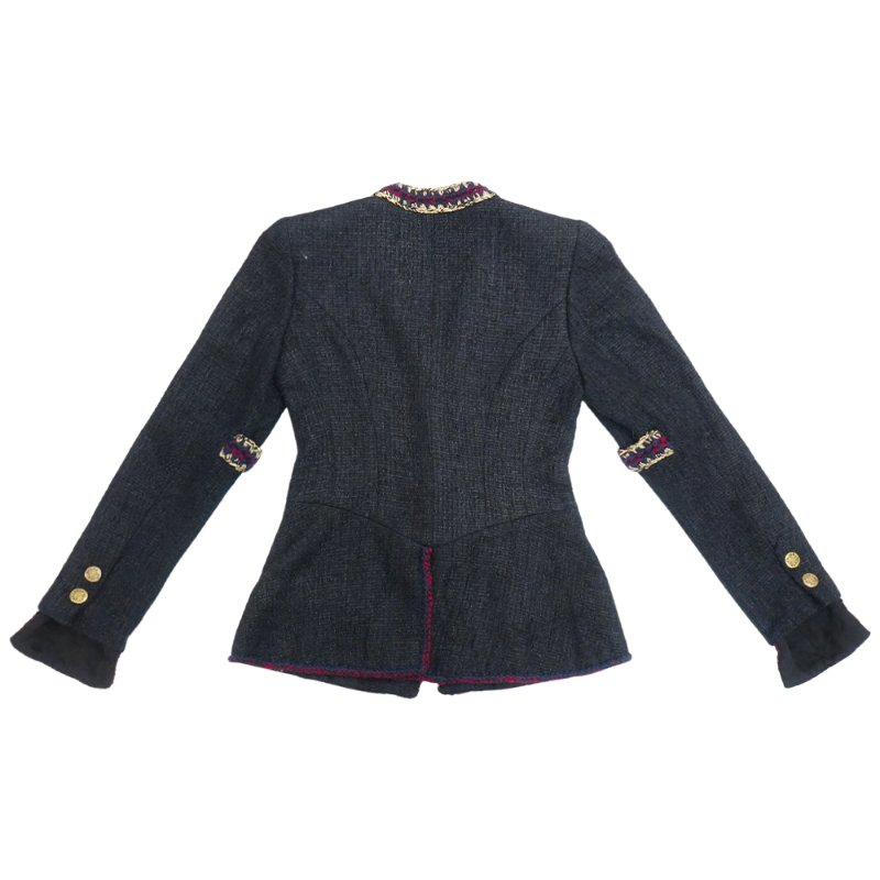 Chanel 展示品 藍紅金鑲邊復古V領金釦外套#38(黑)-4