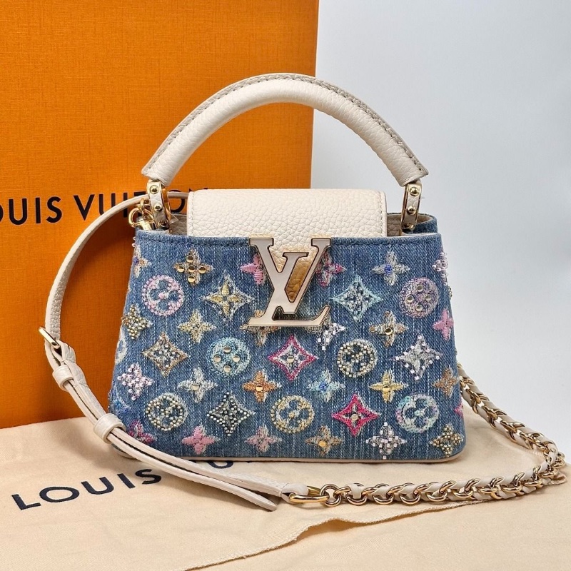 LV capucinesmini牛仔 刺繡拼色手提肩背斜背包芯片款  20*13*7.5  95新 配件盒子 塵袋-3
