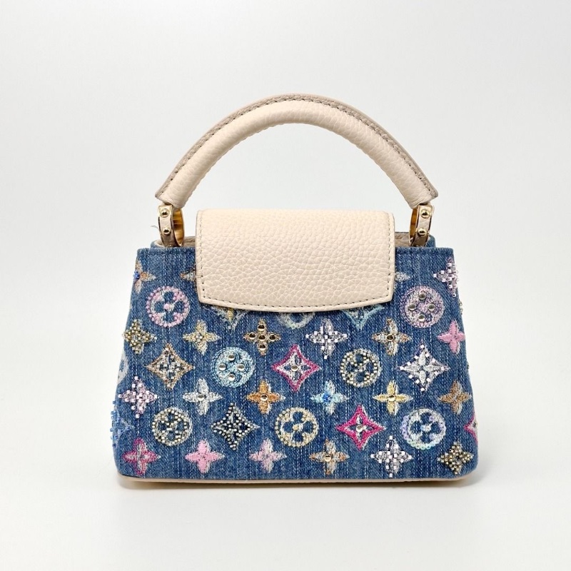 LV capucinesmini牛仔 刺繡拼色手提肩背斜背包芯片款  20*13*7.5  95新 配件盒子 塵袋-4