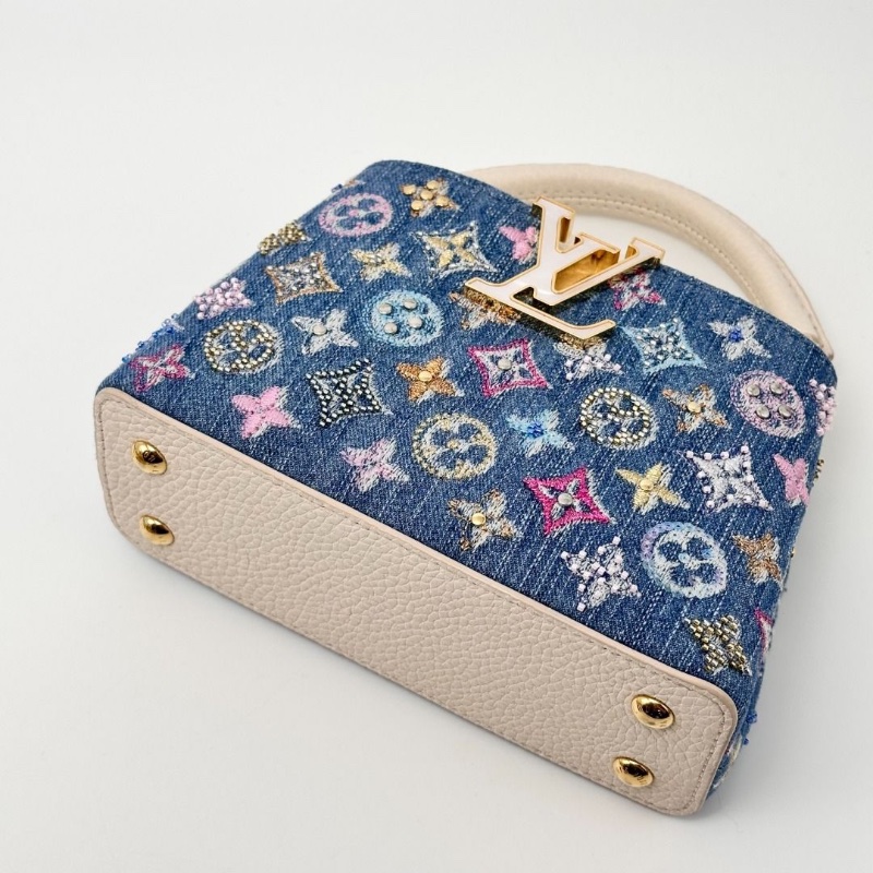 LV capucinesmini牛仔 刺繡拼色手提肩背斜背包芯片款  20*13*7.5  95新 配件盒子 塵袋-6