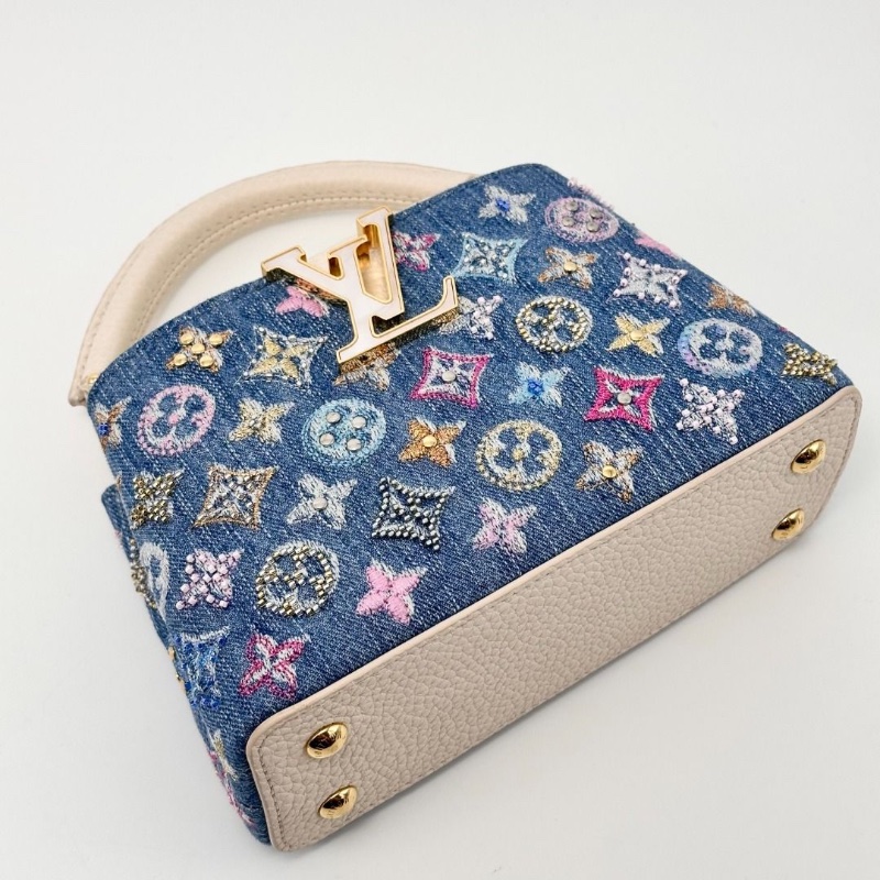 LV capucinesmini牛仔 刺繡拼色手提肩背斜背包芯片款  20*13*7.5  95新 配件盒子 塵袋-7