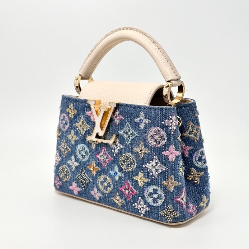 LV capucinesmini牛仔 刺繡拼色手提肩背斜背包芯片款  20*13*7.5  95新 配件盒子 塵袋-8