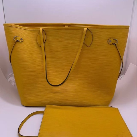 二手Lv neverfull 中號黃色水波紋購物袋，louis vuttion neverfull epi